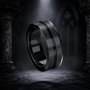 Carbon Fiber Ring, 8mm Black Stainless Steel Band with Beveled Edge