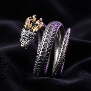 Snake Horn Ring, 925 Sterling Silver Adjustable Open Band, Gothic Punk Jewelry