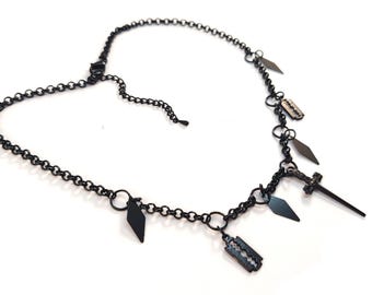 Black Gothic Necklace with Blade and Dagger Pendants, Grunge Punk Alt Choker, Dark Academia Jewelry, Alternative Gift, Girlfriend Gift