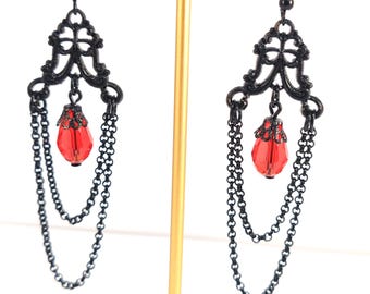Gothic Black Drop Earrings with Red Crystal, Victorian Jewelry with Chains, Dark Academia Gift for Her, Girlfriend Gift