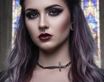 Gothic Choker with Black Side Cross, Handmade Lightweight Aluminum Choker Necklace, Dark Minimalist Jewelry, Grunge Gift