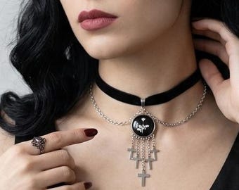 Gargantilla Depeche Mode de terciopelo negro con colgante de rosa blanca Violator en acero inoxidable, caja de regalo incluida, gargantilla oscura