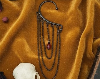 Gothic Black Ear Cuff with Chains and Red Drop, Clip-on Earring Without Piercing, Elegant Dark Alternative Jewelry, Gift Box Included