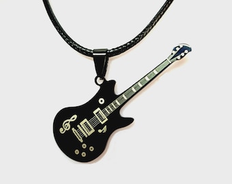 Black Electric Guitar Necklace for Men – Rock Jewelry Inspired by Hendrix, Slash, Eric Clapton – Gift for Musicians and Music Lovers