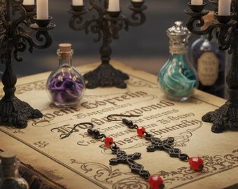 Gothic Black Cross and Red Drop Earrings, Dark Victorian Jewelry, Black Celtic Cross Pendants, Vampire Aesthetic, Girlfriend Gift