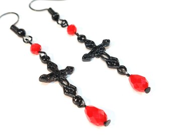 Pendientes góticos de cruz negra y gota roja, joyería victoriana oscura, colgantes de cruz celta negra, estética vampírica, regalo para novia.