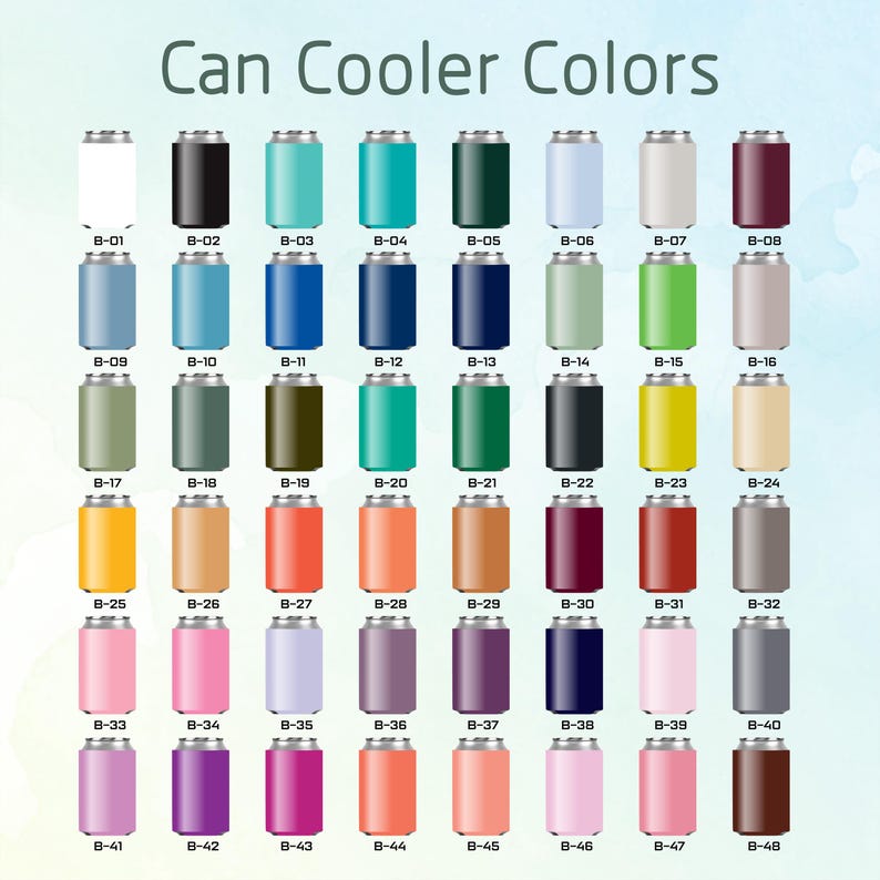 May include: A grid of 48 can coolers in various colors, including white, black, teal, and burgundy. Each cooler is labeled with a unique code, such as B-01, B-02, and B-03. The text "Can Cooler Colors" is at the top.
