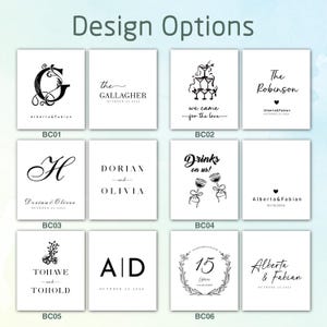May include: A collection of white cards with black text and designs. The cards feature various fonts and graphics, including initials, names, dates, and floral elements. The phrase "Design Options" is at the top.