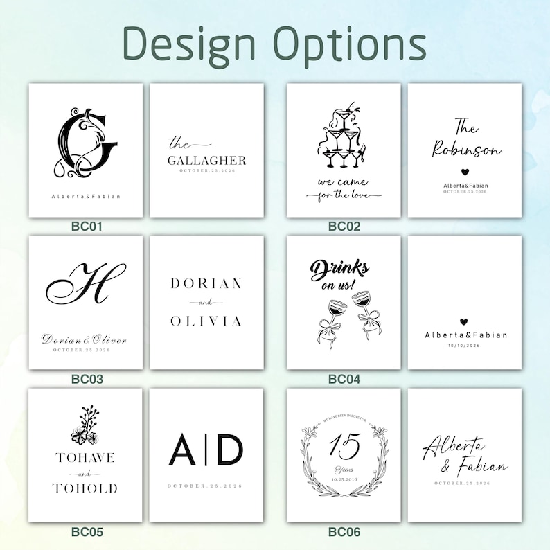 May include: A collection of white cards with black text and designs. The cards feature various fonts and graphics, including initials, names, dates, and floral elements. The phrase "Design Options" is at the top.