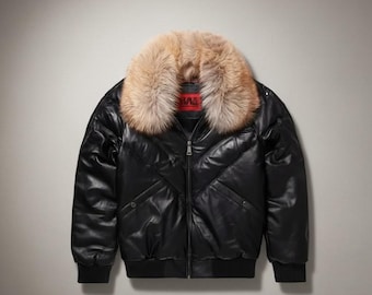 Men's Black Sheep Leather Bomber Jacket – Fur Collar, Stylish
