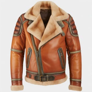 Herren Lammfell Fliegerjacke - Brauner Schaffell Leder Bomber, Wintermantel