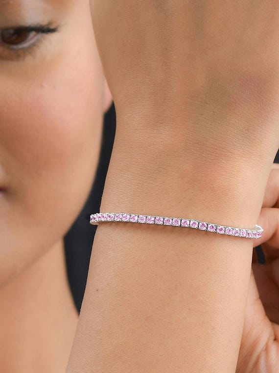 Designer Sterling Silver Pink & Green Cubic Zirconia Chain Link Tennis Bracelet Sterling Silver Cluster Emerald-Green CZ Tennis Bracelet  main image 2