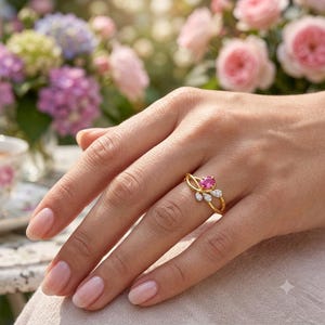 May include: A gold ring featuring a central oval-cut pink gemstone flanked by small, clear, pear-shaped stones arranged in a leaf-like pattern. The band is thin and polished, showcasing a delicate design that curves around the main setting.