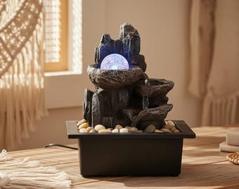 Tabletop Zen Fountain for Indoor Decor with LED Lights & Rotating Ball