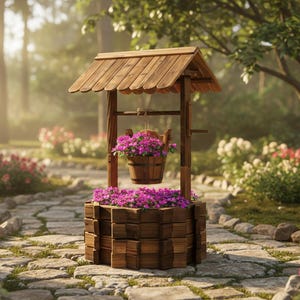 Unique Wooden Wishing Well Planter, Outdoor Garden Planter Pot, Patio Yard Decor & Hanging Bucket
