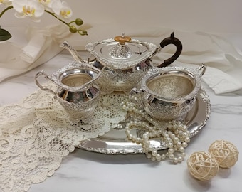 Silver-Plated Victorian Tea Set : Handcrafted Vintage Serving Set with Embossed Tray Collectible Home Decor