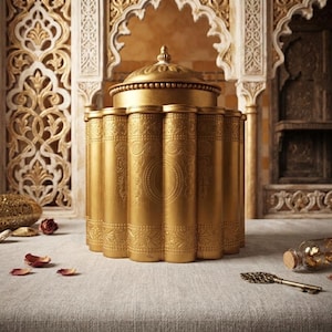 Könnte beinhalten: Ein zylindrischer goldener Behälter mit gewölbtem Deckel, der vertikale kannelierte Paneele und komplexe geprägte Muster aufweist. Die metallische Oberfläche hat ein mattes Finish und das Design umfasst dekorative Bänder aus Punkten und Schnörkeln.