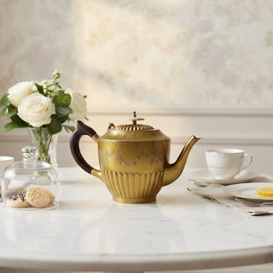 Könnte beinhalten: Eine goldfarbene Teekanne mit einem dunkelbraunen Griff steht auf einem weißen Marmortisch, zusammen mit einer Teetasse, Untertasse und einem Teller mit einer Zitronenscheibe. Ein Strauß weißer Rosen und Kekse vervollständigen die elegante Tee-Szene.