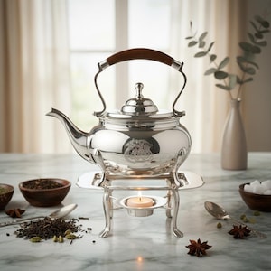 Vintage silvertekannaset: Handgjord 3-delad teservis med värmeställ och trähandtag