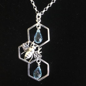 Queen Bee Solid 925 Sterling Silver with blue topaz briolettes and triple hexagonal frame necklace
