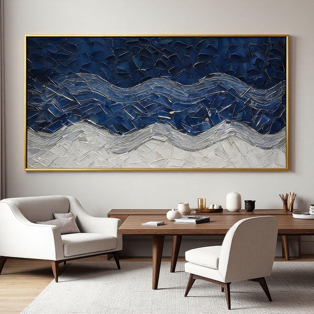 Large Abstract Blue Ocean Wave Oil Painting Original Texture Wall Art ...