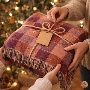 May include: A checked blanket in shades of red, orange, and purple is wrapped with twine and a blank tag. The blanket has a fringed edge and is being held by two people. The background is blurred with Christmas lights.