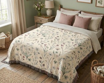 Vintage Botanical Woven Cotton Blanket | Nature Inspired Cozy Throw with Fringe