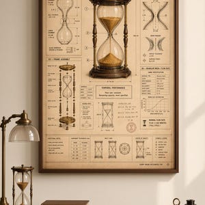 Puede incluir: Una impresión técnica enmarcada titulada Temporal Measurement Device Hourglass Time Flow Mechanism, que presenta diagramas detallados, medidas y especificaciones para un reloj de arena, exhibida en una pared sobre un escritorio de madera con un reloj de arena.