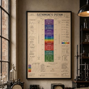 Puede incluir: Un póster educativo enmarcado titulado Electromagnetic Spectrum que presenta un gráfico central vertical codificado por colores de frecuencias y longitudes de onda de radiación, rodeado de diagramas técnicos, fórmulas científicas y tablas de referencia sobre un fondo beige.