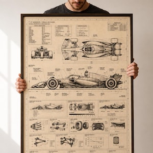 May include: A framed technical blueprint poster titled F1-24 GENERATION FORMULA ONE CHASSIS, featuring detailed black line drawings of a race car, including side, top, and front views, alongside various mechanical diagrams, charts, and data.