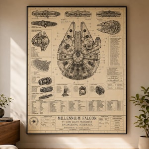 Puede incluir: Una lámina enmarcada con el esquema técnico del carguero ligero Millennium Falcon YT-1300. El póster presenta dibujos técnicos detallados, secciones transversales y texto descriptivo en tinta negra sobre un fondo color canela, en un marco negro.