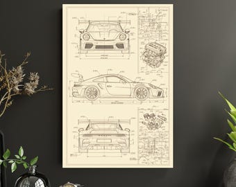 Porsche GT3 RS Poster | Car Schematic Wall | Automotive Diagram Print