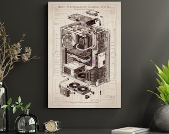 Gaming PC Poster | Exploded Computer Schematic | Engineering Print