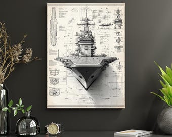Military Aircraft Carrier Schematic Poster, Aviation Blueprint Art