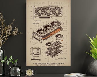GPU Schematic Blueprint Poster | Graphics Card Technical Wall Art | Tech Enthusiast Gift
