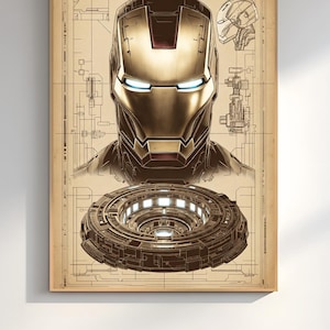 May include: A framed print featuring a detailed illustration of Iron Man's helmet and arc reactor. The artwork is rendered in shades of gold, brown, and beige, with blueprint-style technical drawings in the background. The print is encased in a wooden frame.