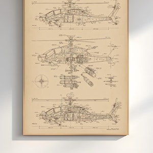 Attack Helicopter Blueprint | Aircraft Schematic Wall Art |