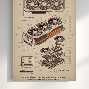 GPU Schematic Blueprint Poster | Graphics Card Technical Wall Art | Tech Enthusiast Gift