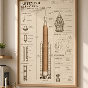 以下が含まれることがあります： 「Artemis II SLS + Orion Lunar Exploration Vehicle Study」と題された額入り技術ポスター。薄いベージュの背景に、ロケットのイラストを中心に、詳細な図解、部品ラベル、ミッション仕様が記載されています。