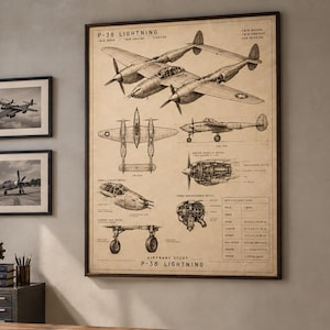 May include: A large framed wall print featuring a technical blueprint of a P-38 Lightning aircraft. The poster displays detailed black line drawings of the plane from multiple angles, including top, side, and engine views, on a tan background.