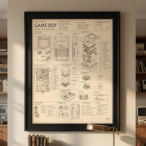Puede incluir: Un póster técnico enmarcado titulado GAME BOY, que presenta dibujos lineales detallados, vistas explosionadas y etiquetas de componentes del sistema de videojuegos portátil sobre un fondo beige, en un marco negro en la pared.