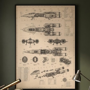 Könnte beinhalten: Ein gerahmtes technisches Bauplan-Poster auf beigem Papier mit detaillierten Strichzeichnungen eines Y-Wing-Sternjägers aus verschiedenen Perspektiven, einschließlich Seiten-, Draufsicht- und Frontansichten sowie diversen Komponentendiagrammen.