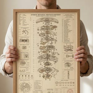 May include: A framed technical print titled Automatic Mechanical Wristwatch Movement, featuring an exploded view diagram of watch components in black ink on a beige background, with detailed technical specifications, labels, and a parts list.