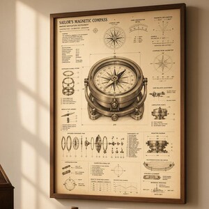 May include: A framed technical print titled Sailor's Magnetic Compass featuring a detailed central illustration of a brass compass surrounded by various mechanical diagrams, cross-sections, and technical notes printed in black ink on aged paper.