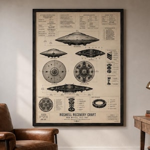 Roswell UFO Blueprint Poster | Flying Saucer Schematic Print | Area 51 Decor | UAP Wall Art