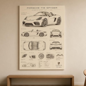 May include: A rectangular wall poster featuring a technical line drawing of a Porsche 718 Spyder. The print displays the car from multiple angles, including front, side, rear, and top views, along with detailed component sketches and text labels.