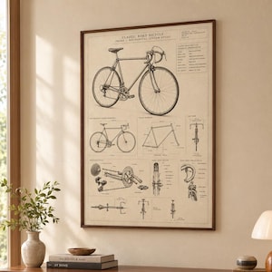 May include: A framed wall print featuring a technical diagram of a classic road bicycle. The print displays black line drawings of a bicycle frame, drivetrain, and components on a beige background with the text Classic Road Bicycle.