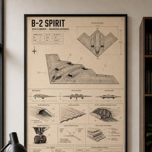 Pode incluir: Uma impressão de esquema técnico emoldurada do bombardeiro furtivo B-2 Spirit em papel bege. O desenho técnico apresenta múltiplas vistas, incluindo elevações superior, lateral, frontal e traseira, juntamente com detalhes das entradas de ar.