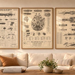 May include: A set of three framed wall art prints featuring detailed technical engineering schematics of science fiction spacecraft in black ink on a light tan background, including the Millennium Falcon and various starship designs with text.