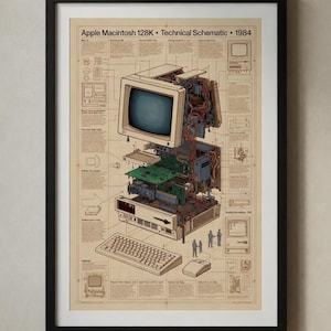 May include: Framed print of an Apple Macintosh 128K technical schematic from 1984. The diagram shows an exploded view of the computer's internal components, including the monitor, circuit boards, keyboard, and mouse. The print is in a black frame.
